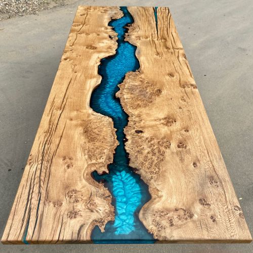 Burred Oak Dining Table & Reef Blue Resin