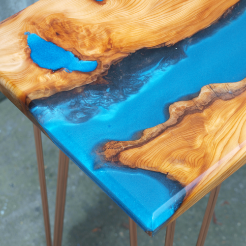 Live Edge Yew Wood & Blue Resin River Console Table