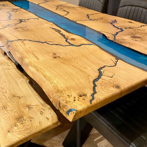 Oak Resin River Table Blue Lightning