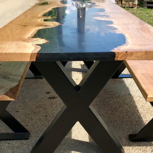 Burred Oak Epoxy River Table & Bench Set