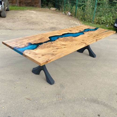 Burred Oak Dining Table & Reef Blue Resin