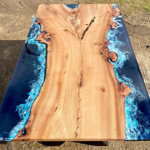 Single Slab Burr Elm & Deep Sea River Dining Table