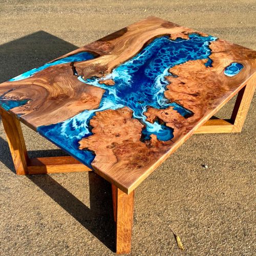 River Coffee Table in Elm Deep Sea Art Chevron Legs