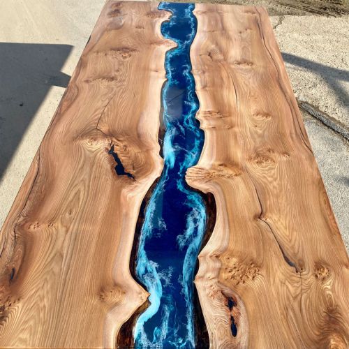 Burr Elm & Deep Sea River Dining Table 280x125cm