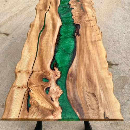 Elm & Kryptonite Green Resin River Dining Table Live Edge