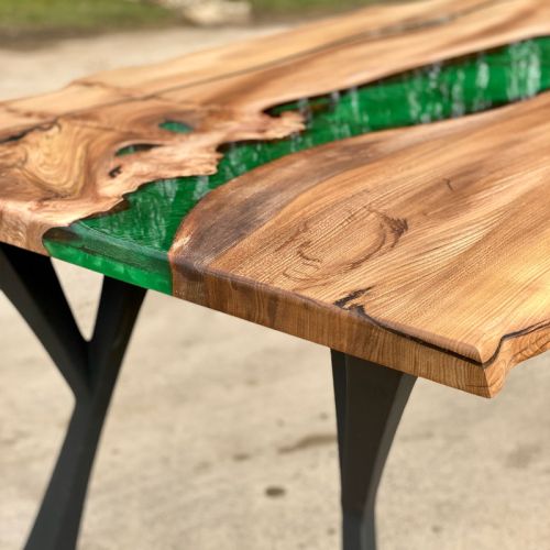 Elm & Kryptonite Green Resin River Dining Table Live Edge