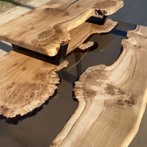 Burred Oak River Desk Smokey Grey Resin & Riser