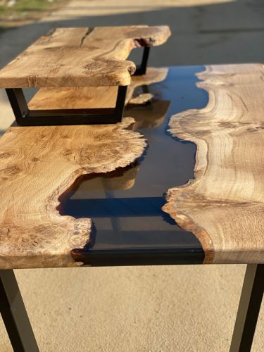 Burred Oak River Desk Smokey Grey Resin & Riser