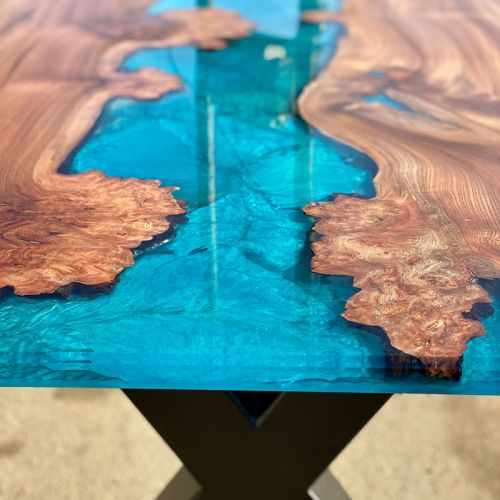 Burr Elm & Reef Blue River Dining Table