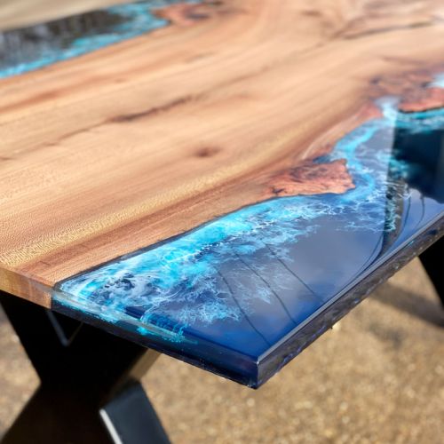 Single Slab Burr Elm & Deep Sea River Dining Table