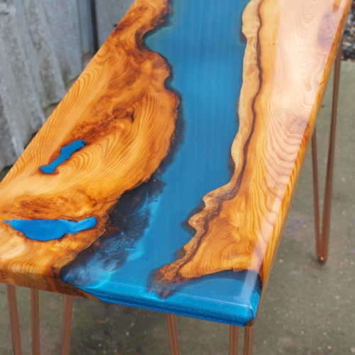 Live Edge Yew Wood & Blue Resin River Console Table