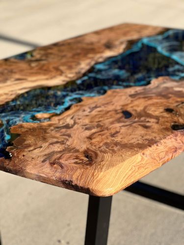 Full Burr Elm & Deep Sea Resin River Table