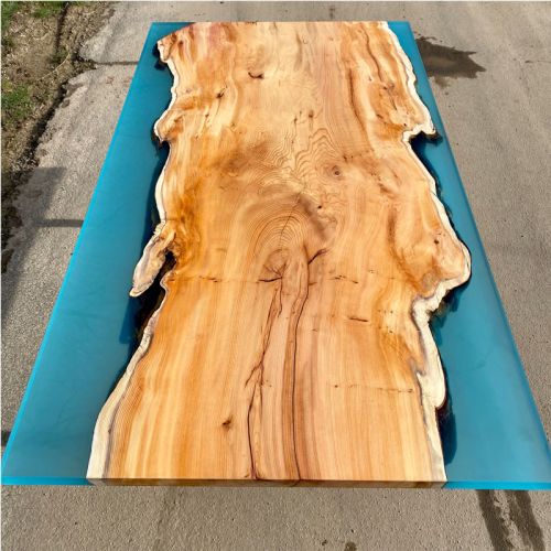 Yew Single Slab River Dining Table Glacier Blue