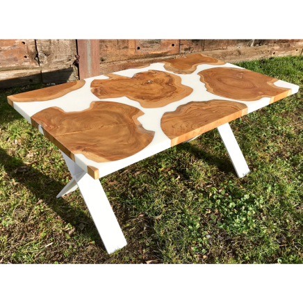 Teak Discs & White Resin Coffee Table