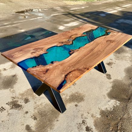 Burr Elm Transparent Blue River Dining Table