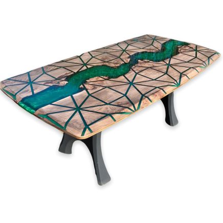 Burr Elm Geometric River Dining Table Kryptonite Green