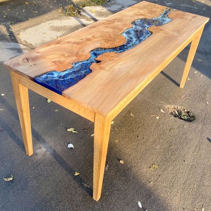 Burr Elm & Deep Sea River Dining Table with Wooden Legs