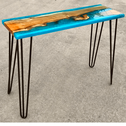 Live Edge Yew Wood & Blue Resin River Console Table SOLD