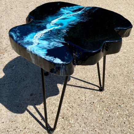 Teak & Resin Dark Ocean Art Side Table