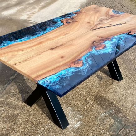 Single Slab Burr Elm & Deep Sea River Dining Table