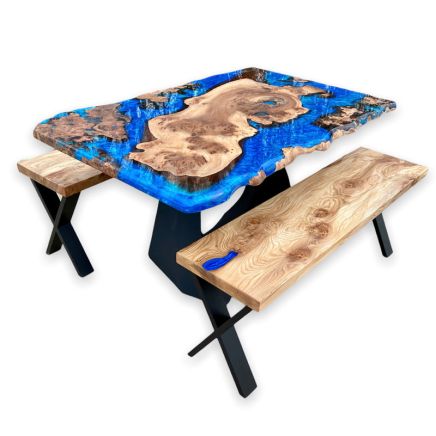 Burr Elm Islands River Table & Benches