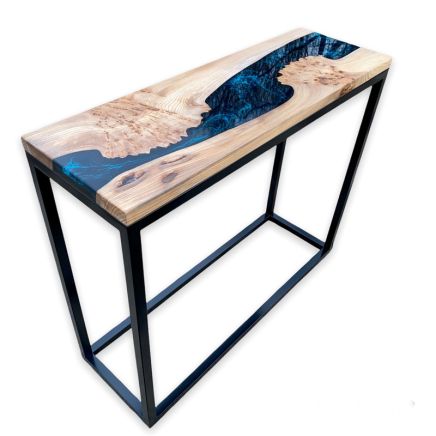 Burr Elm Console Table Galactic Blue Resin